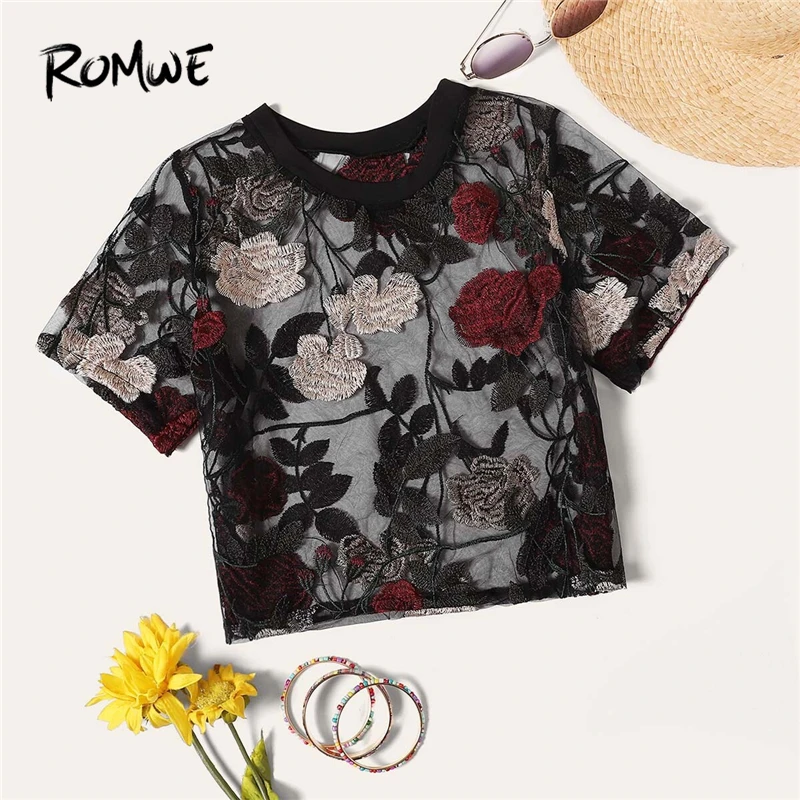 ROMWE, черная, с цветочной вышивкой, прозрачная блузка, женская, летняя,, элегантная, для улицы, сексуальная, круглый ворот, короткий рукав, топы и блузки