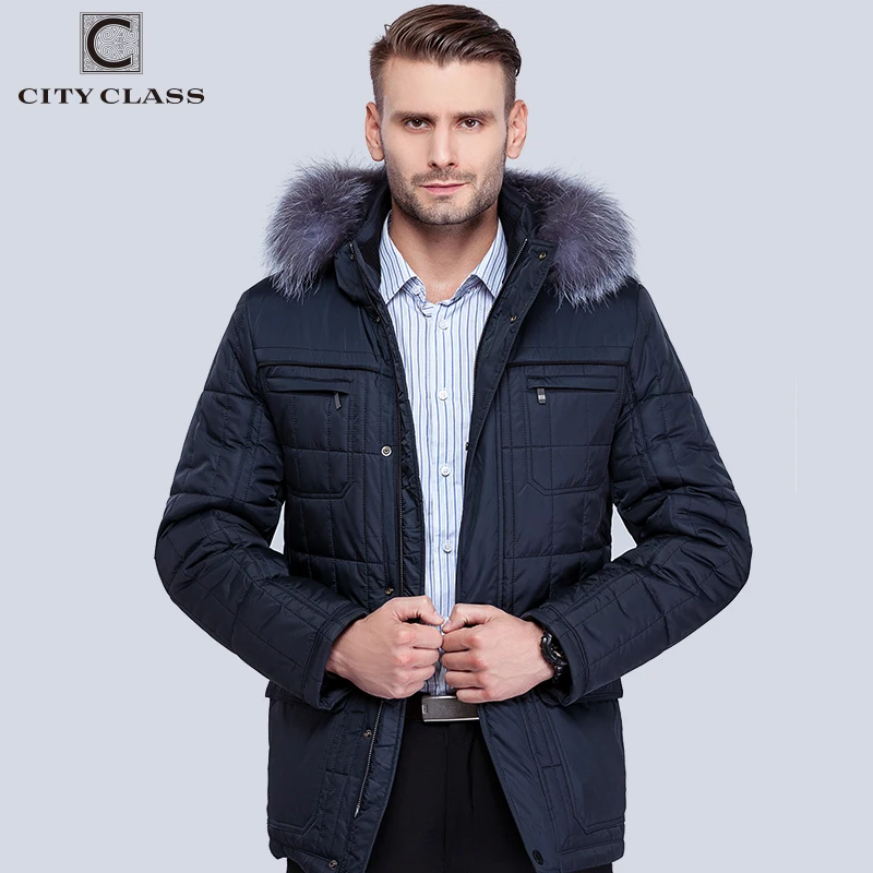CITY CLASS Classic Men Winter Thinsulate Coats Silver Fox Hooded Jackets Thick Warm Fashion Casual Stand Collar Removable 14342