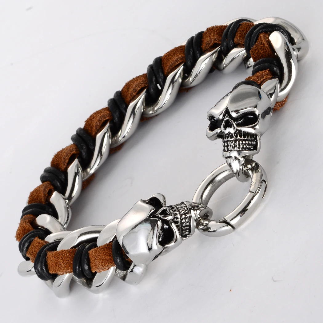Мужской кожаный браслет с черепом из нержавеющей стали 316L biker heavy jewelry подарки