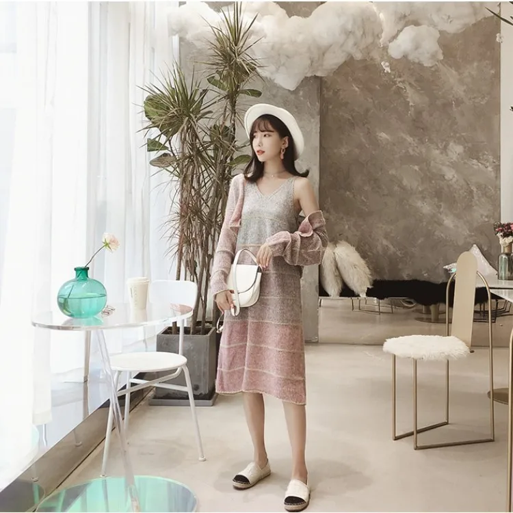 2018 Новое поступление женский осенний комплект одежды Вязание градиент v-образным