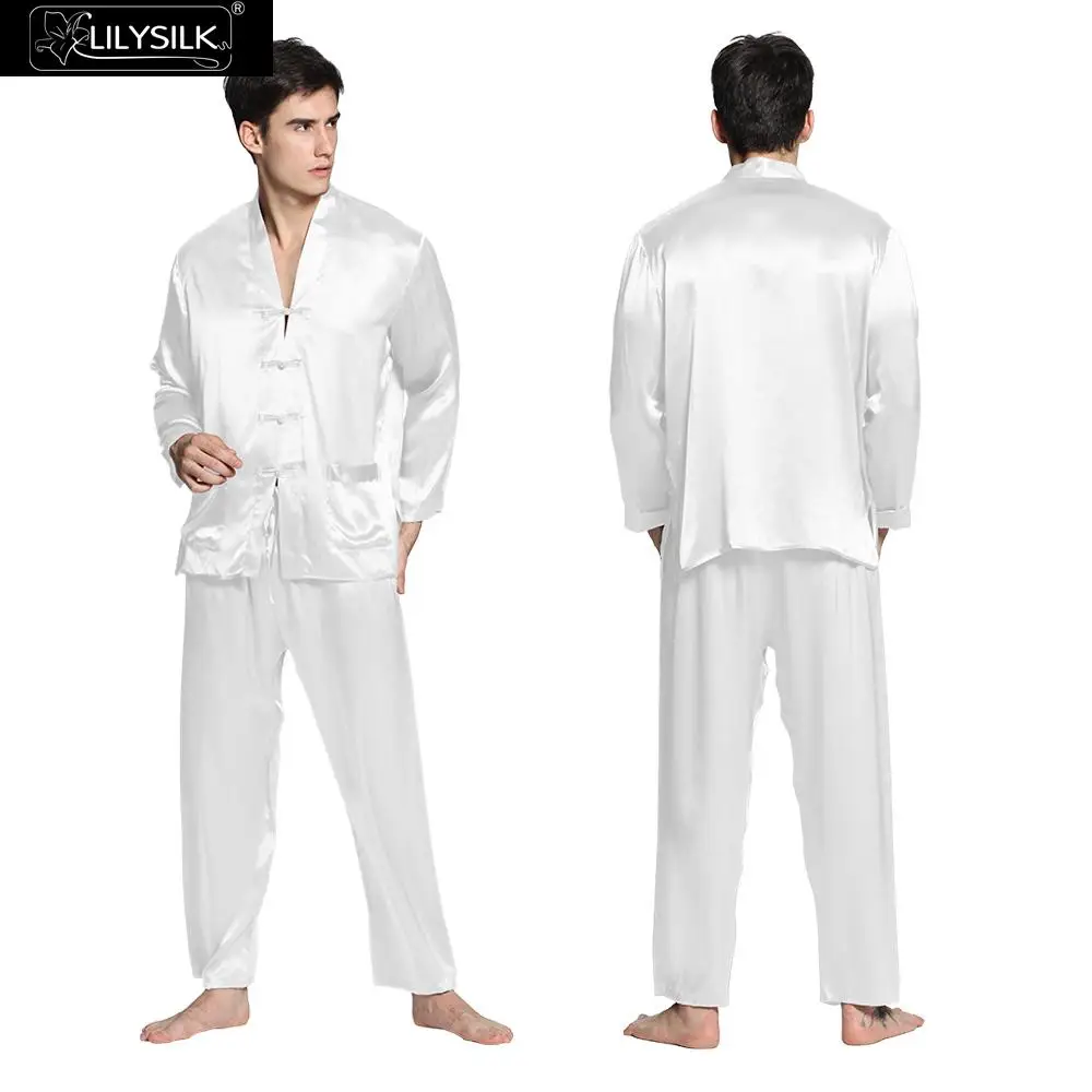 LilySilk пижама мужская шелковый домашняя одежда для мужчин белье костюм 22 Momme контрастной отделкой пижамный комплект 3 шт - Цвет: White