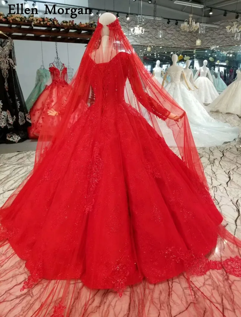 Muslim Long Sleeves Red Wedding Dresses 2019 for Women Vintage V NecK Floor Length Customized Ball Gowns Bridal with Veils | Свадьбы и