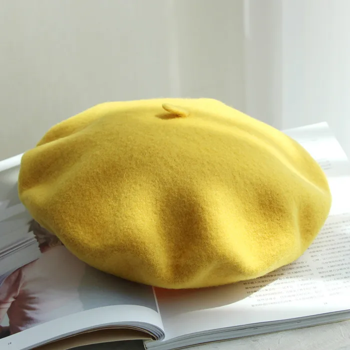 yellow Натуральный шерстяной берет на весну и зиму для женщин, для женщин, для художников, теплая прогулочная шапка, шапка французского художника, берет для женщин, подарок для девушек - Цвет: yellow