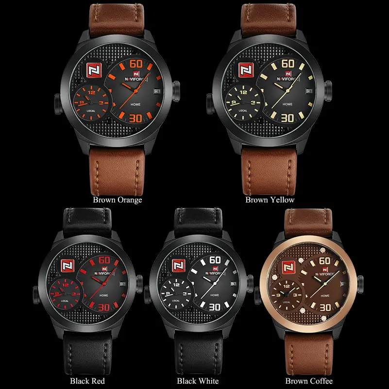 Naviforce Топ Китай бренд Для мужчин спортивные часы Dual Time Повседневные кожаный