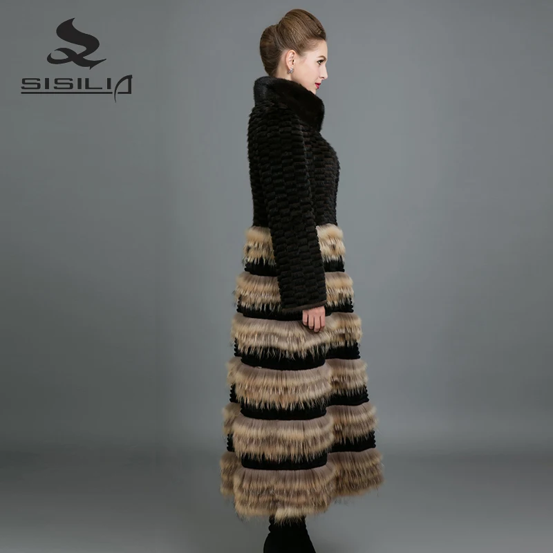 SISILIA 2017 натуральная норковая шуба женская мода длинные куртки с теплой кожей