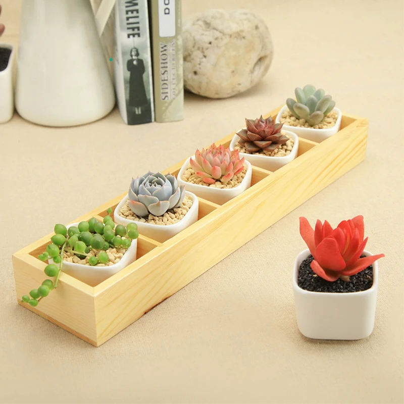 SHGO-1Set Of Modern Decorative Small White Square Ceramic Succulent Plant Pot 5 Flower Planters With 1 Wooden Tray Box Home | Дом и сад