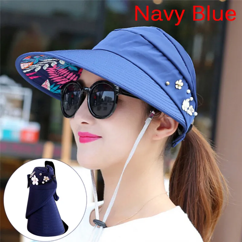 Navy Blue Женская летняя пляжная шляпа, шляпы от солнца, жемчужный складной солнцезащитный козырек, шляпа с большими головками с широкими полями, гибкие шляпы для защиты от УФ-лучей, женская кепка - Цвет: Navy Blue
