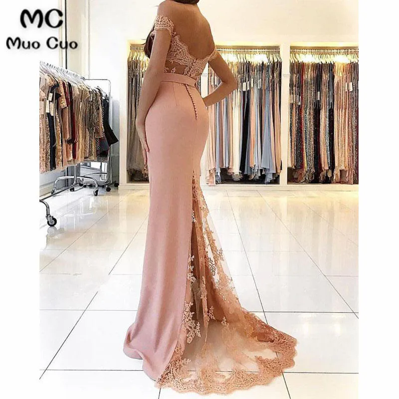 New 2018 Mermaid Off Shoulder Evening Dresses Deeo V-Neck Short Sleeve Elastic Satin Women's Lace Prom Dress | Свадьбы и