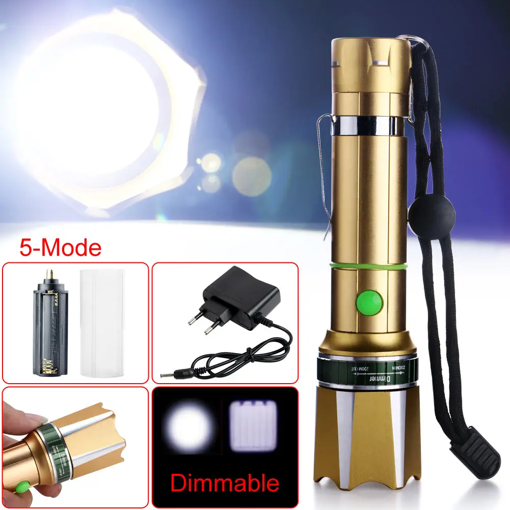 Фонарик 3000 лм T6 светодиодный регулируемый фокус Золотой + зарядное устройство