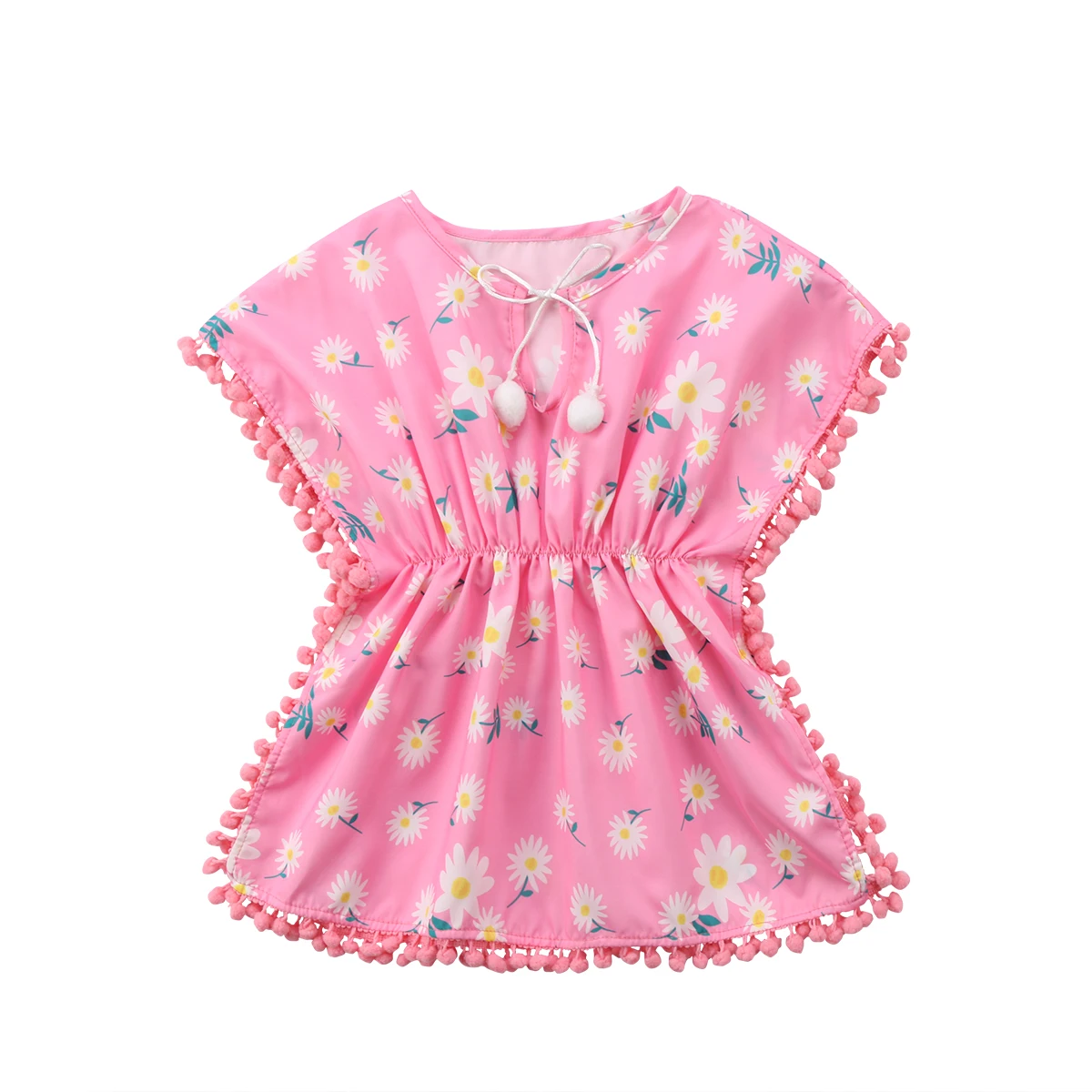 

Pink Yellow Kids Baby Girls Dress Beach Sundress Loose Flower Fringe Balls Dresses Bikini Cover-Ups Bathing Suit Swimwear