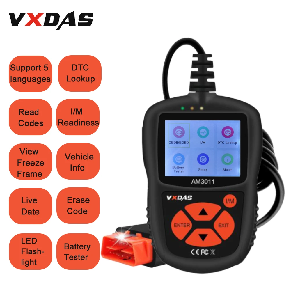 VXDAS OBD2 сканер штрих-кода может AM3011 автомобиля/Авто диагностический инструмент с светодиодный фонарик/неисправности двигателя получить Электронный управляющий блок ECM ODBII код ридер