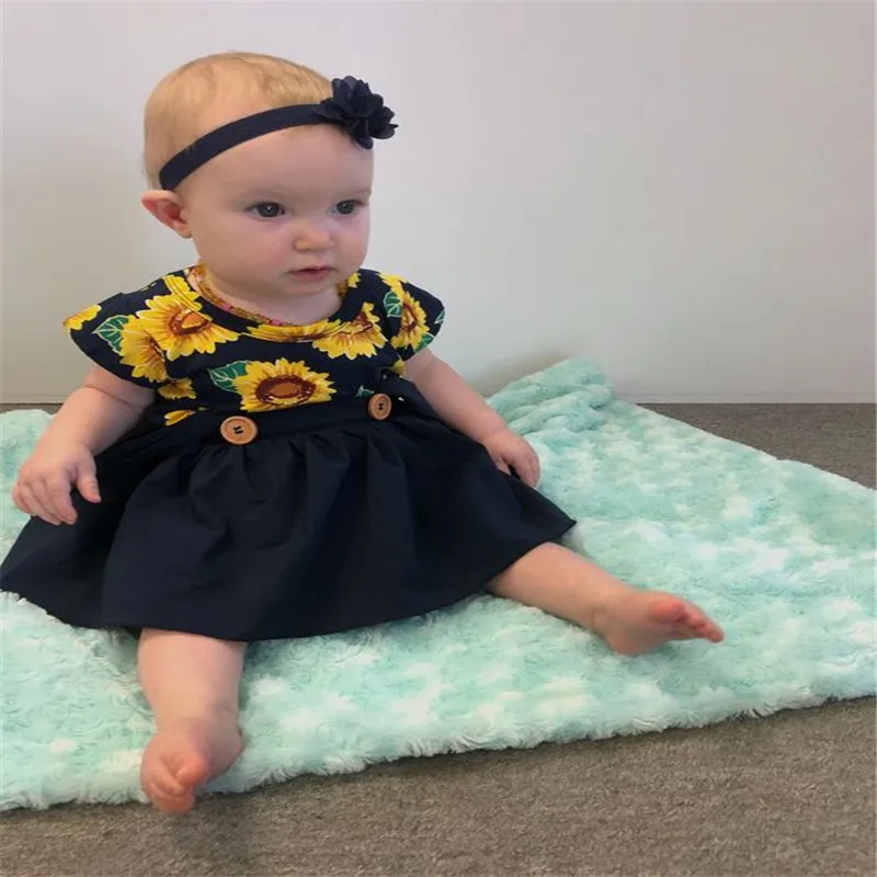 

Summer Newborn Kids Baby Girls Clothes Sunflower Short Sleeve Tops T-shirt+Solid Skirt Outfits Clothes Set