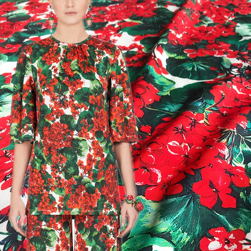 

New red hydrangea digital printing clothing handmade DIY fabric satin twill polyester fashion printing fabric spring and summer