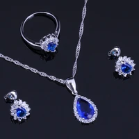 alluring blue cubic zirconia white cz silver plated jewelry sets earrings pendant chain ring v0329
