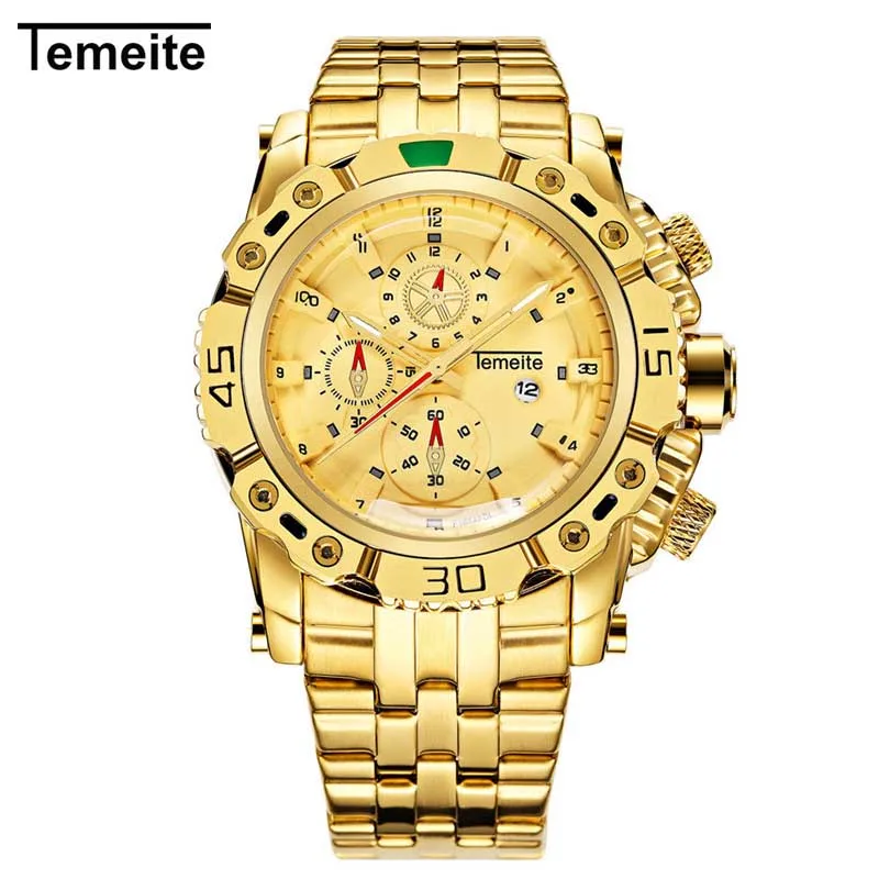 Gold with box Temeite часы Для мужчин часы золотые Роскошные Нержавеющая сталь Для мужчин наручные часы кварцевые часы Для мужчин Элитный бренд Relogio Masculino - Цвет: Gold with box