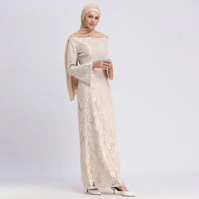 Элегантное мусульманское платье кружевное платье-футляр abaya Макси-платье кардиган с расклешенными рукавами длинные халаты арабский Рамадан вечерние платья Кафтан исламский - Цвет: Beige