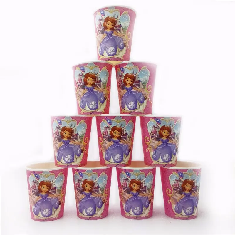 Cups 10pcs Дисней София предметы для вечеринки принцессы салфетки подсвечник тарелки чашки ножи и вилки ложки попкорн украшения на день рождения - Цвет: Cups 10pcs