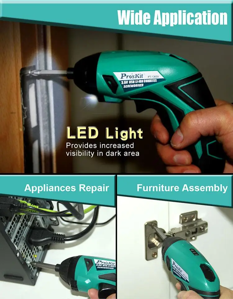 Аккумуляторная электрическая отвертка Pro'sKit набор аккумуляторных дрелей с USB