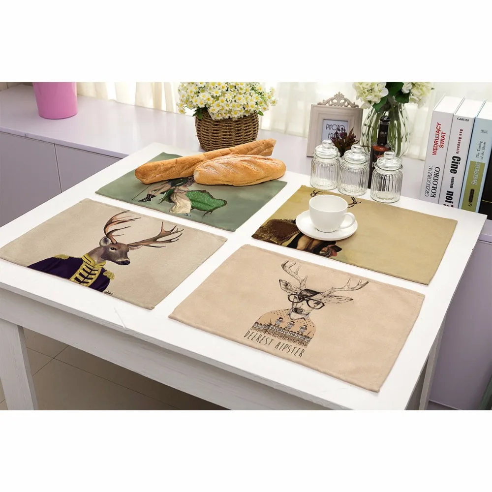 Cartoon reindeer Pattern Cotton Linen Western Pad Placemat Insulation Dining Table Mat Bowls Coasters Kitchen Accessories | Дом и сад