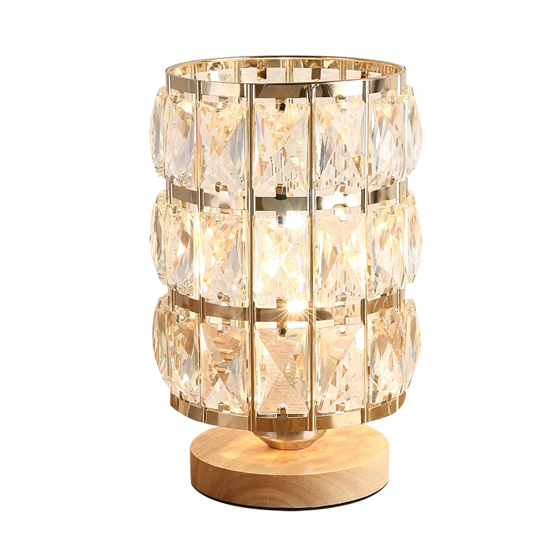 

Wood Base Crystal Table Lamp Bedroom Bedside Night Light Creative Nordic Living Room Study Small Desk Lamp