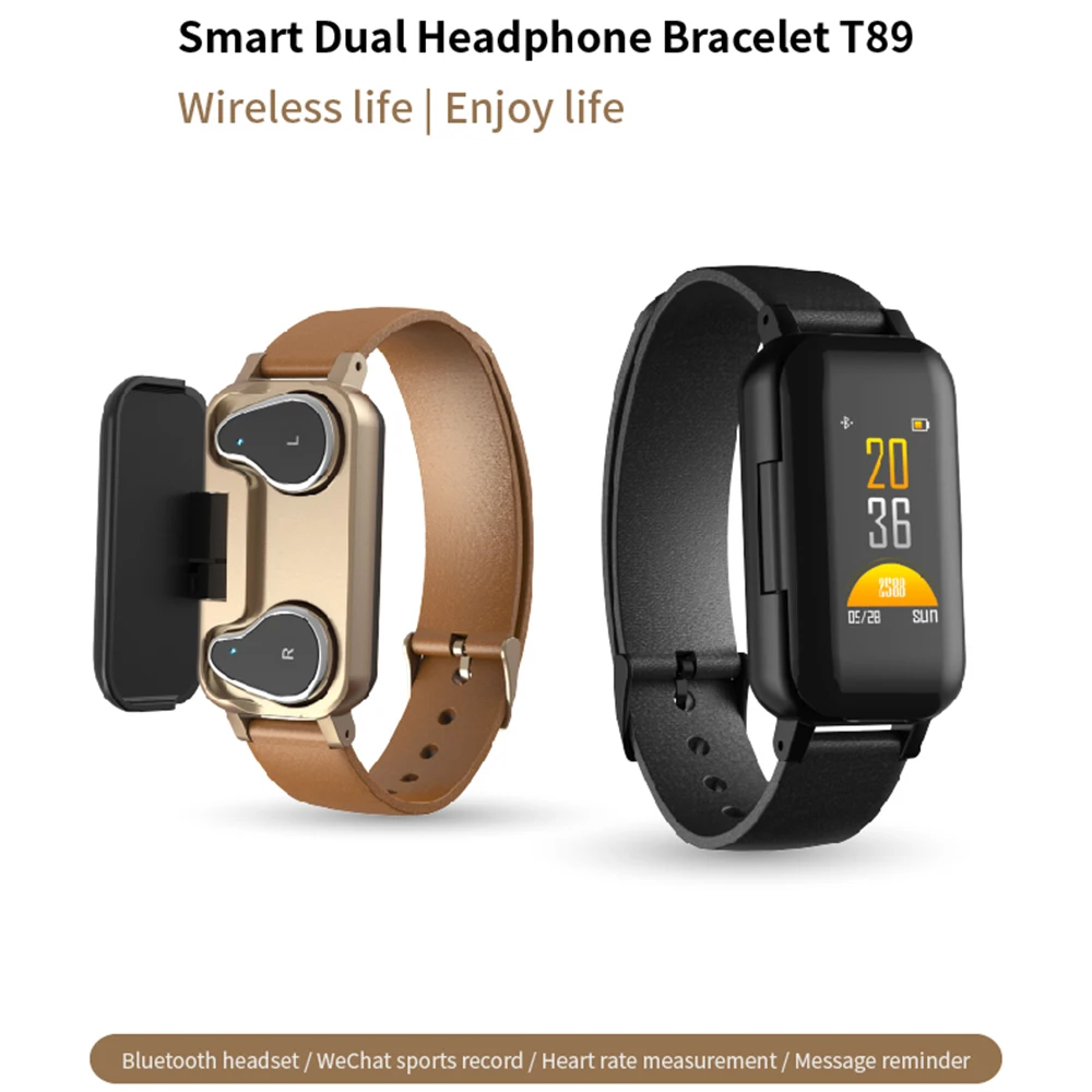 Смарт часы T89 с TWS бинауральные наушники Bluetooth 5 0 фитнес браслет пульсометром