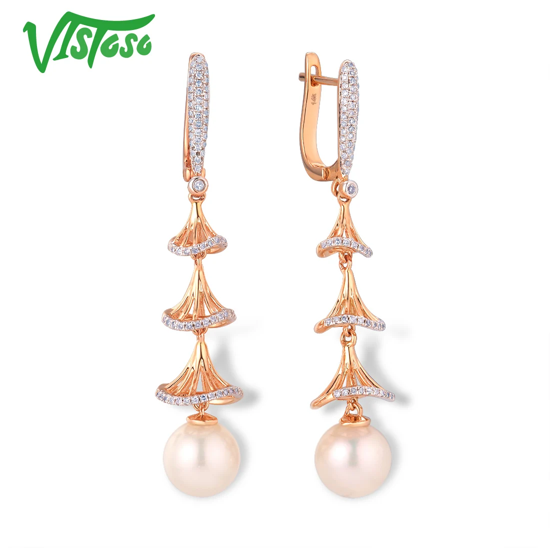 VISTOSO Pure 14 K 585 розовое золото сверкающие бриллианты элегантные пресноводные жемчужные серьги для женщин уникальные модные свадебные ювелирные изделия