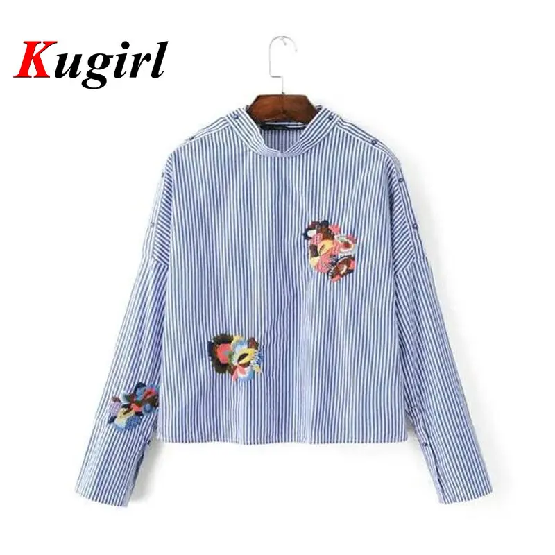 Синий Полосатый Цветок Вышивка Рубашка Женщины Нагрудные с длинным рукавом