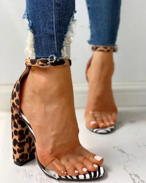 Леопардовые прозрачные летние босоножки на массивном каблуке Женская обувь