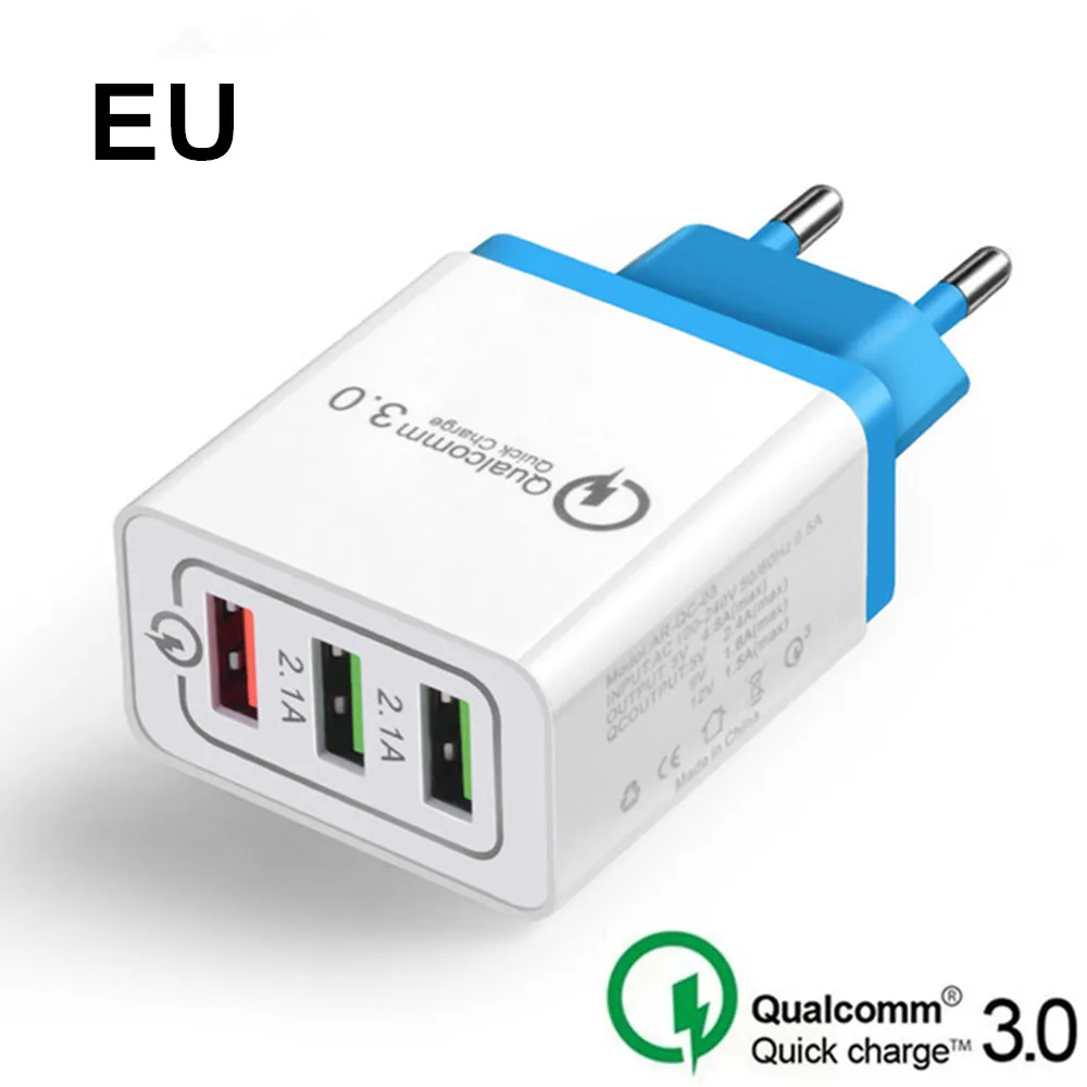Blue-EU Быстрая зарядка 3,0 USB зарядное устройство EU US plug Charge QC3.0 Быстрая зарядка 3 порта дорожное настенное зарядное устройство для iPhone samsung Xiaomi huawei - Тип штекера: Blue-EU