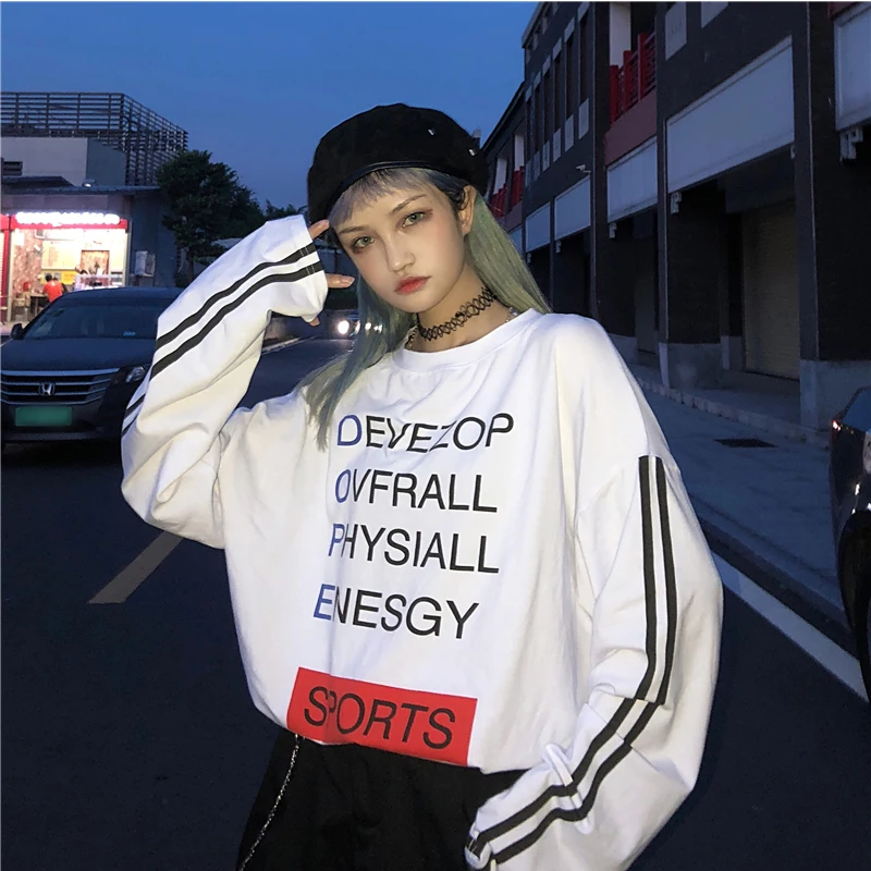 Осенняя белая футболка с длинными рукавами для колледжа Женский Топ Harajuku Wind