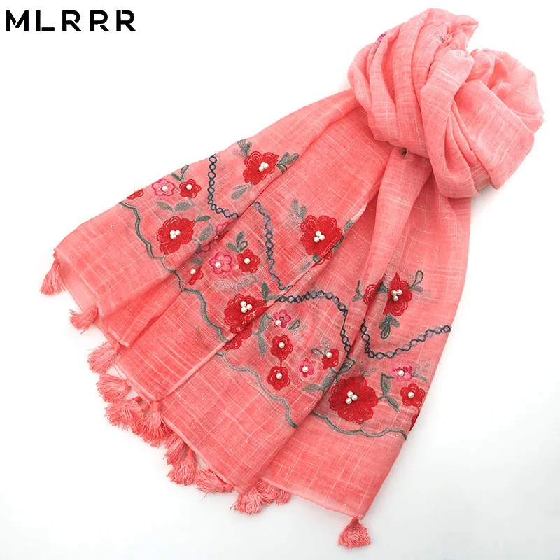 MLRRR new fashion gold powder cotton embroidered pearl long scarf female (turmeric light green watermelon red) |