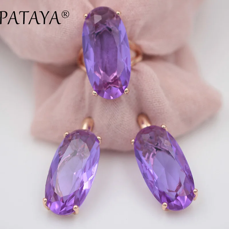 

PATAYA New Fine Jewelry Set For Women Fashion Wedding 585 Rose Gold Color Oval Artificial Cubic Zircon Blue Earrings Rings Sets