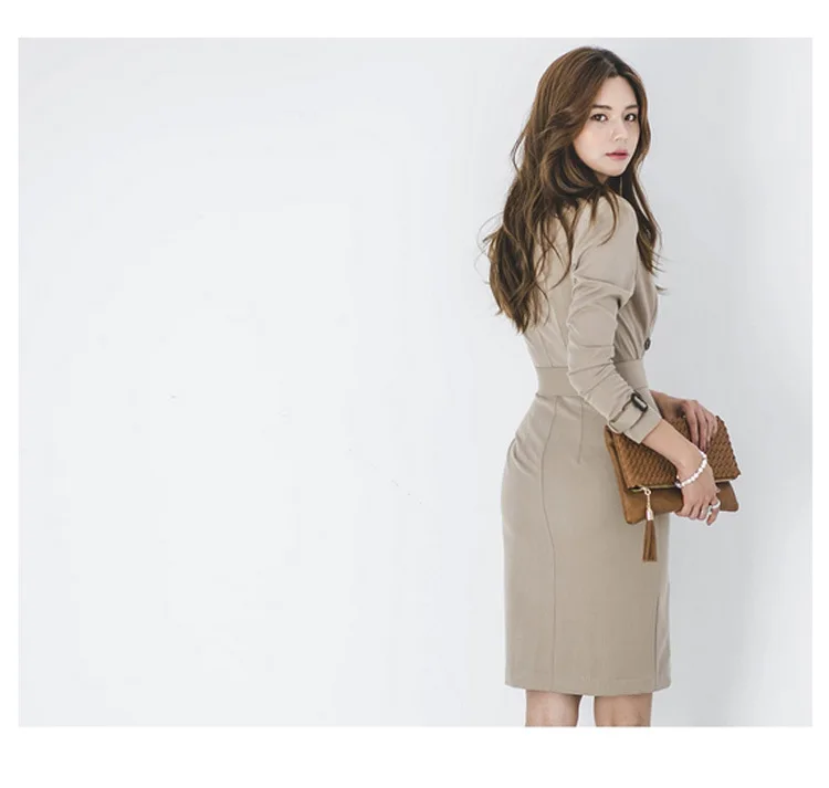 2019 autumn new fashion Double-breasted long office ladies dress female high waist trench sleeve elelgant g1319 | Женская одежда
