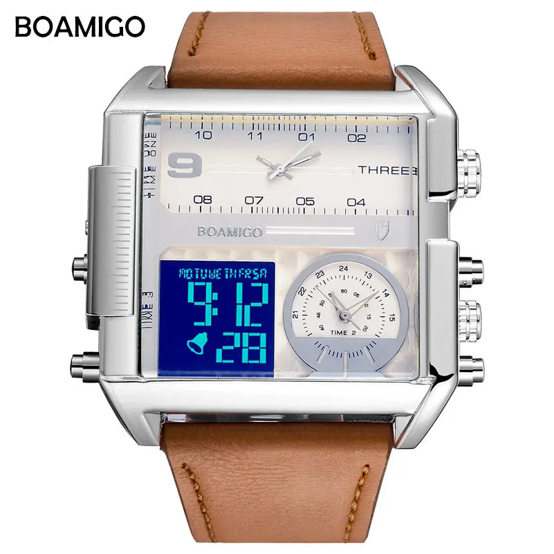 

BOAMIGO Men Sports Watches For Men Three Time Zone Military Quartz Digital Watch Brand Square Leather Electronic Wrist Watches