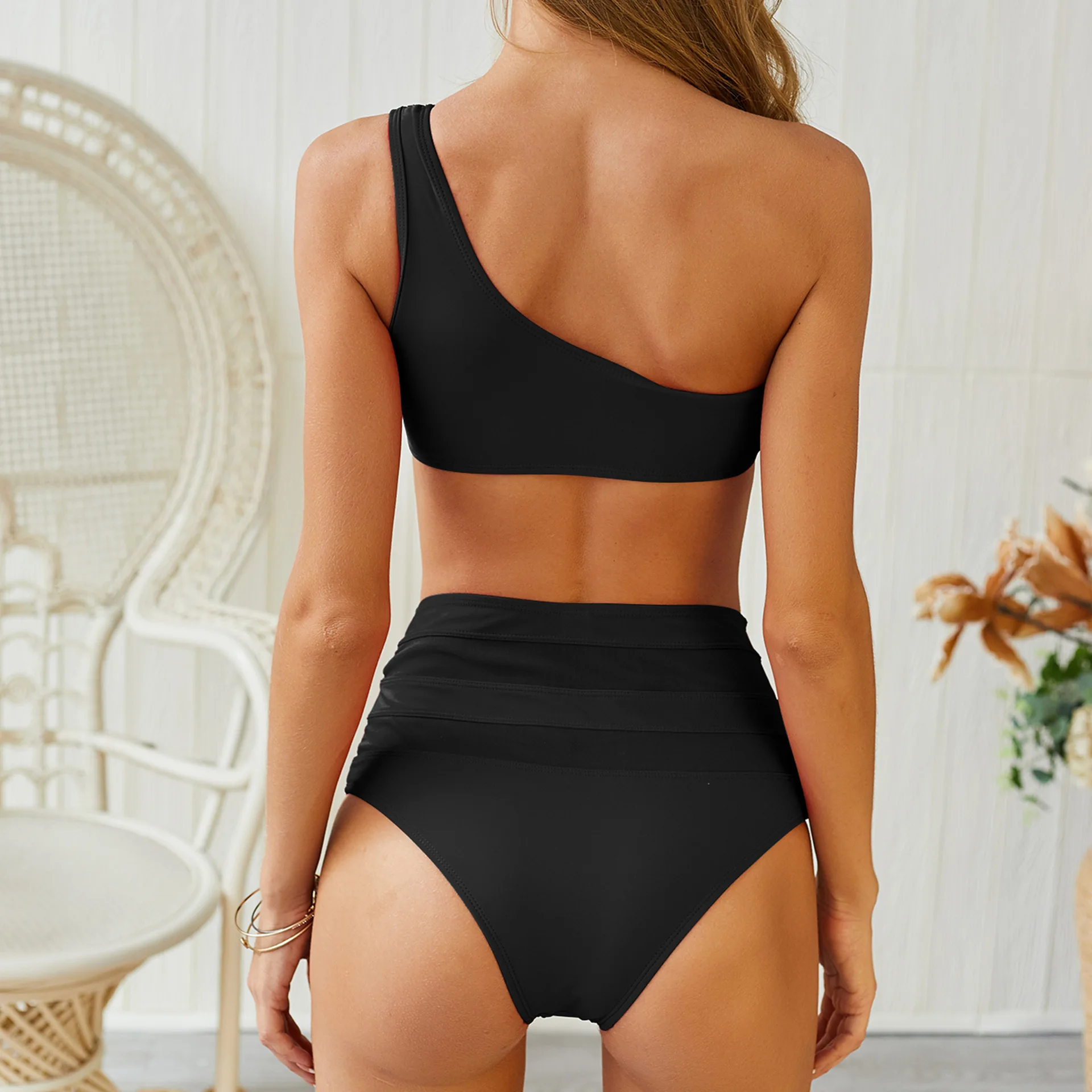 

Big Size Push Up Bikini 2019 Mesh Patchwork One-Shoulder Women Swimwear Swimsuit Halter Top Solid Maillot Biquini Bathing Suits