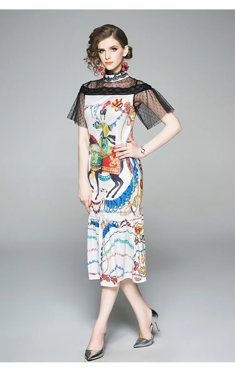 Летнее элегантное кружево короткий рукав сетки Ruffled Воротник Vestido Винтаж печати лоскутное женское платье рыбий хвост Вечерние Платье Миди