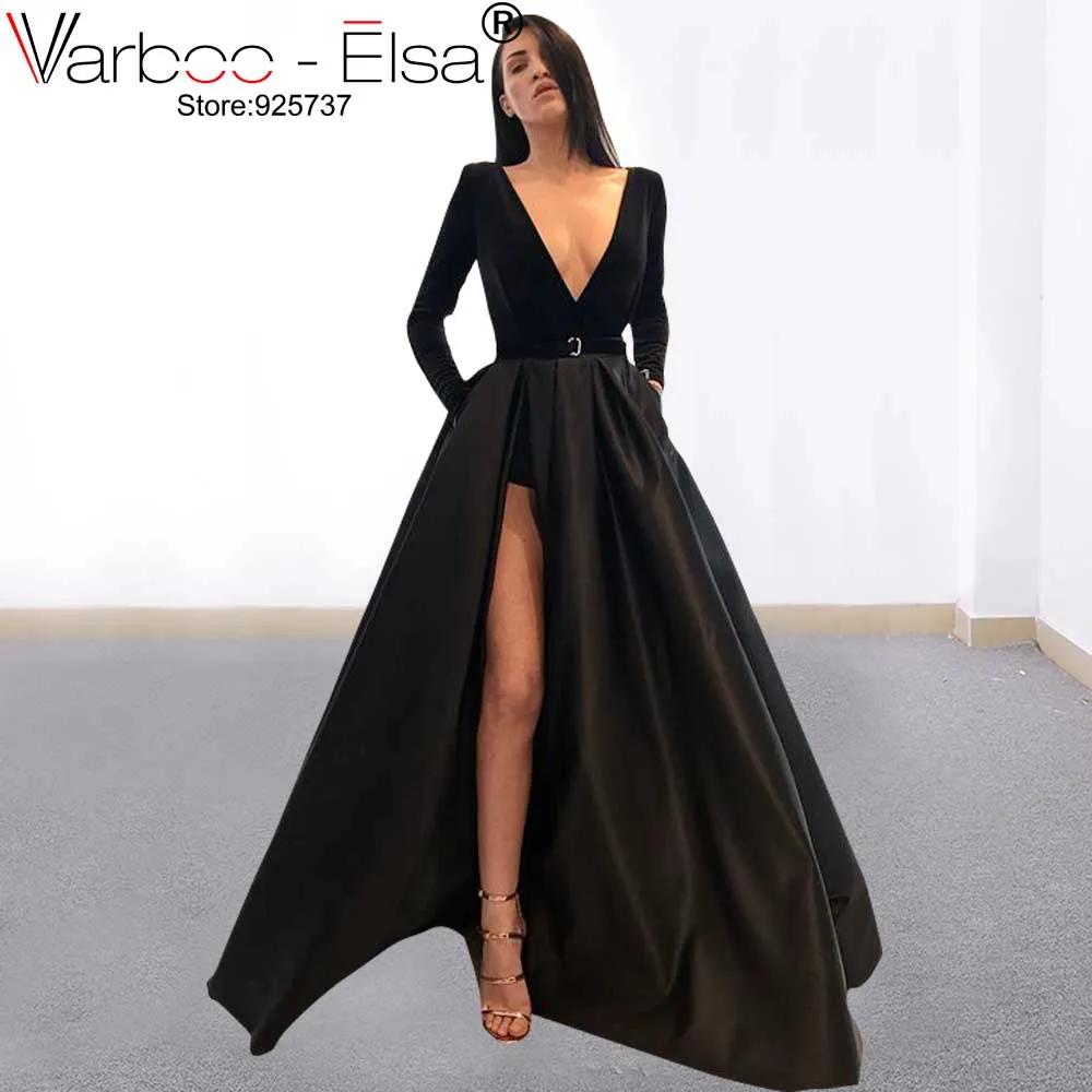 as pic VARBOO_ELSA сексуальное вельветовое платье с глубоким v-образным вырезом и длинным рукавом для выпускного вечера длинное платье для выпускного вечера es с высоким разрезом, Африканское Бордовое платье для выпускного вечера для девушек - Цвет: as pic