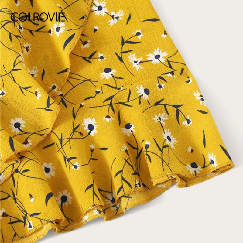 COLROVIE, желтая Цветочная юбка с рюшами и бантом, Женская мини-юбка в стиле бохо, летняя красная одежда для пляжного отдыха, женские юбки