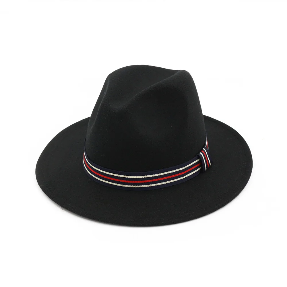 Шерстяная фетровая шляпа Панама Trilby Jazz Fedoras Шляпы с цветным поясом с плоскими полями для торжественных вечеринок топ шляпа для женщин мужчин унисекс - Цвет: Black