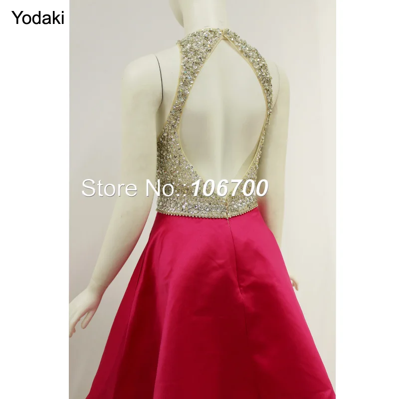 

Real Photos Crystal Beaded Short Mini Prom Dresses O Neck Off the Shoulder Open Back Fuchsia Black Colors Party Evening Gowns