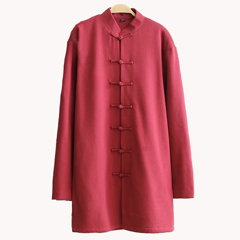 Chinese Style Men's Cotton Linen Lengthen Wadded Jacket Ancient Male Mandarin Collar Kung Fu Tai Chi Uniform Thick Jacket 4XL