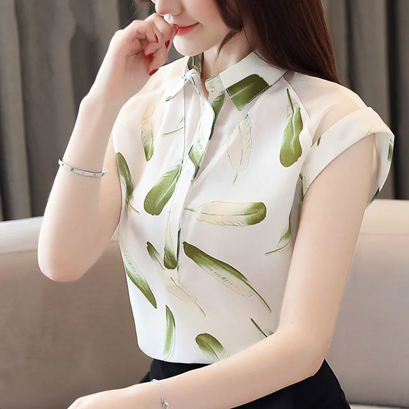 

Fashion summer white blouse shirt 2019 short chiffon shirt printing pattern ladies tops short shirt Women blouse and top