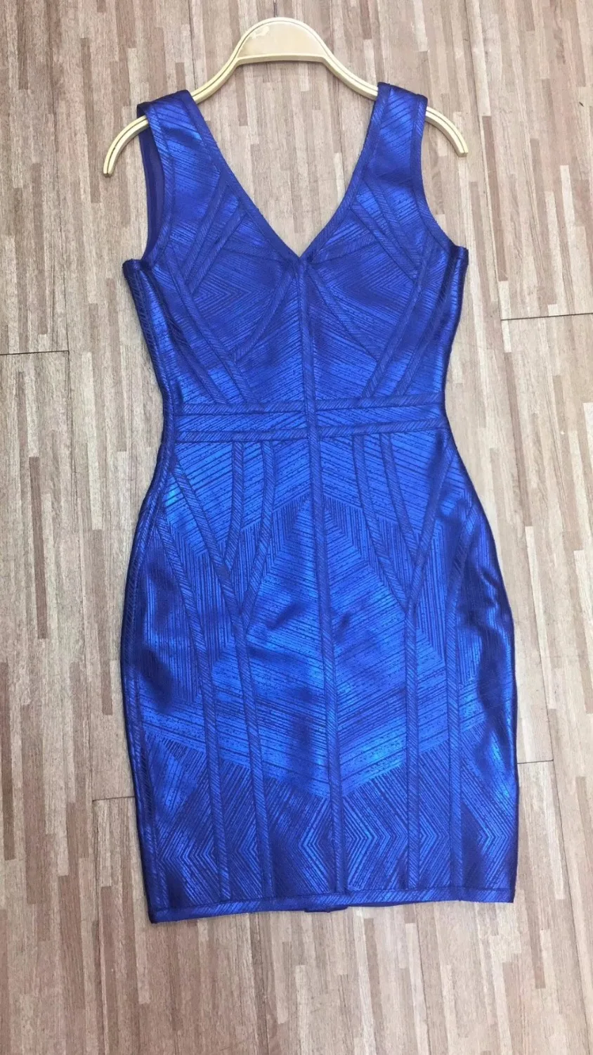 Women Gold Brown Blue Red Bandage dress New Arrival V-Neck Sleeveless Vestidos Celebrity evening Party Bodycon dresses