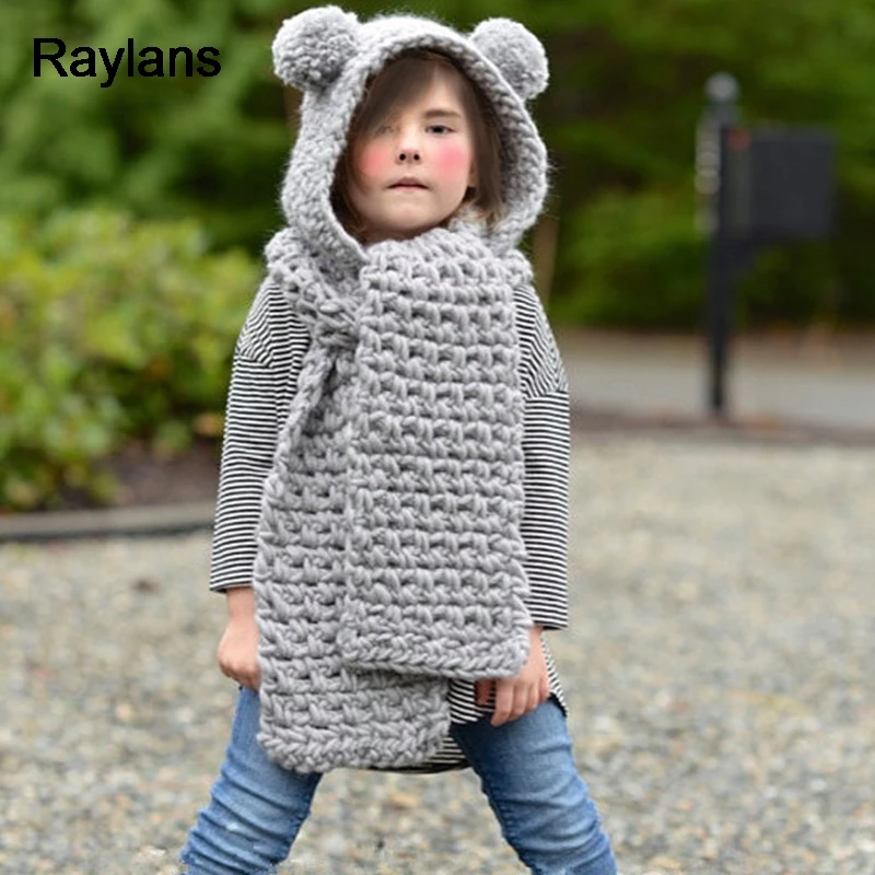 Raylans Kids Child Hat Winter Warm Knitted Crochet Hood Pompom Cap Cover Scarf |