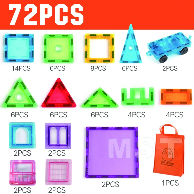 Прозрачные магнитные блоки 24-98PCS Магнитная плитка игра Развивающие игрушки для малыша кирпич - Цвет: 72PCS