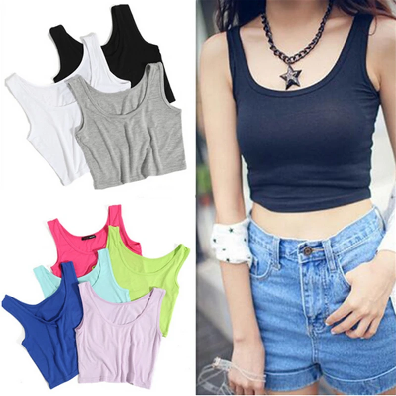 Женский короткий топ без рукавов U Croptops однотонный черный/белый облегающий