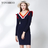 yovamoo 2018 autumn sweet sweater dress v neck striped color block women straight knee length slim knitted dresses blue black