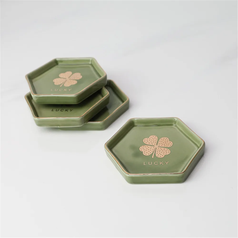 Nordic Green Ceramic Plate Chic Hexagon Jewelry Tray Lucky Four-leaf Clover Storage Handmade Golden Rim Dish | Дом и сад