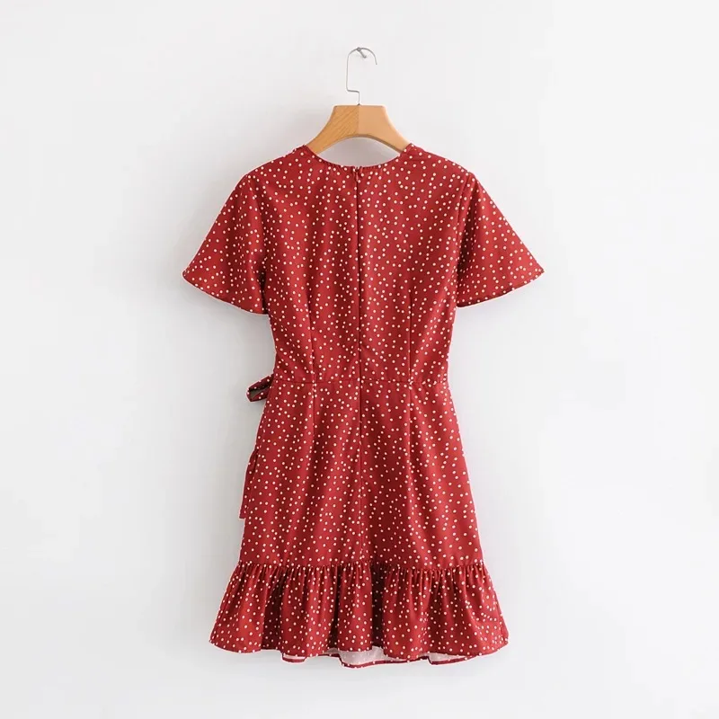 Женское платье с запахом и принтом в горошек красное мини-платье оборками бантом