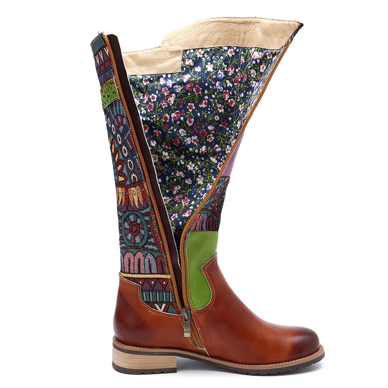 Buono Scarpe кожаные сапоги в стиле пэчворк богемные до колена на плоской подошве с